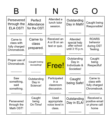 6th Grade Spring Incentive Bingo Card