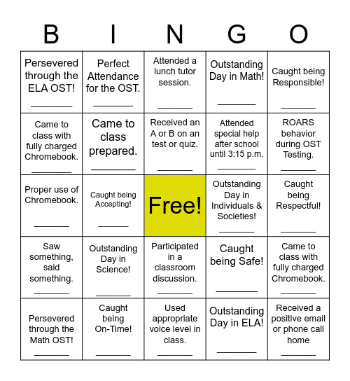 6th Grade Spring Incentive Bingo Card