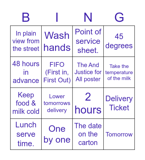 NDS Summer Meals Bingo Card