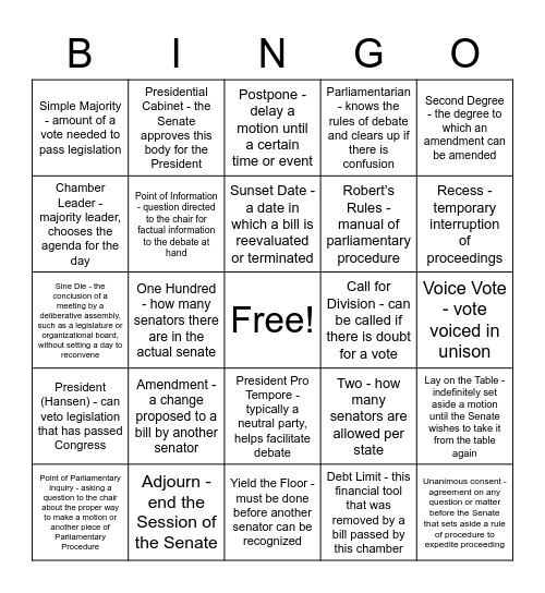 Senate Bingo Card