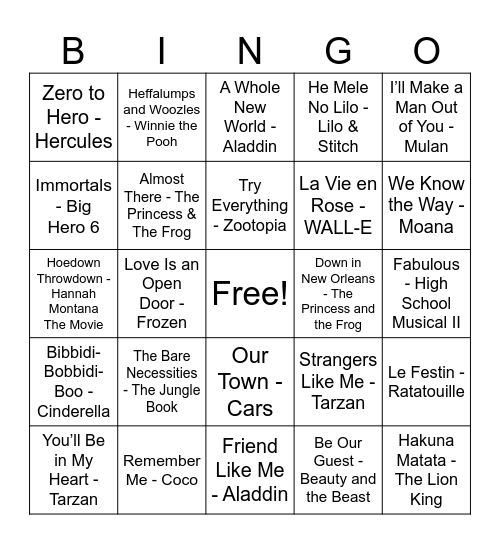 Disney Bingo Card