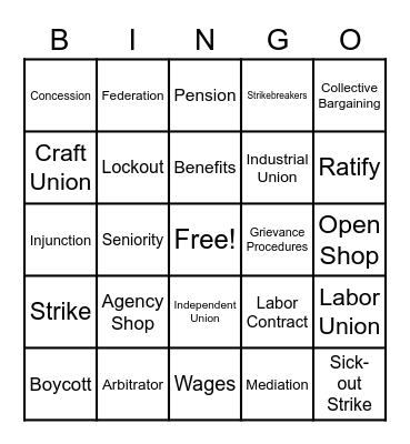 Labor Unions Vocabulary Bingo Card