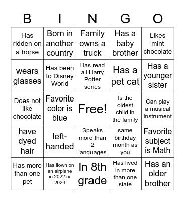 Classmate Bingo Card