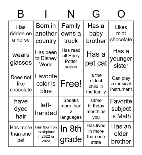 Classmate Bingo Card