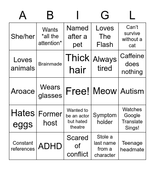 Abigail Bingo Card