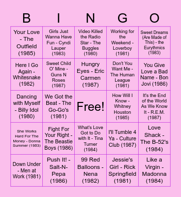 80's Music Bingo Card