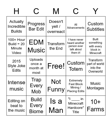 Hardcore Minecraft YouTubers Bingo Card