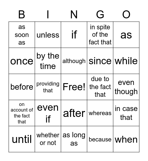 Sub-ordinating Conjunction Bingo Card