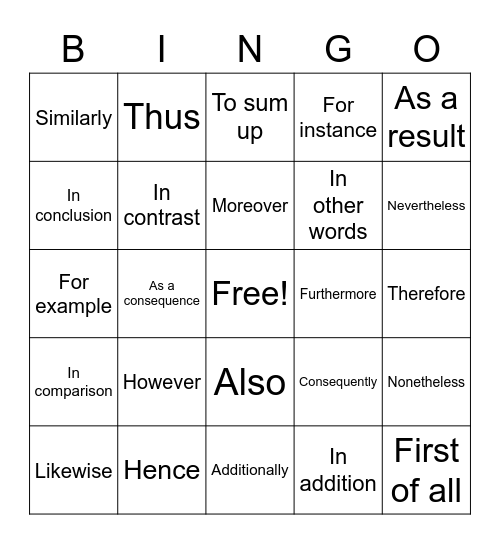 sentence connector bingo Card