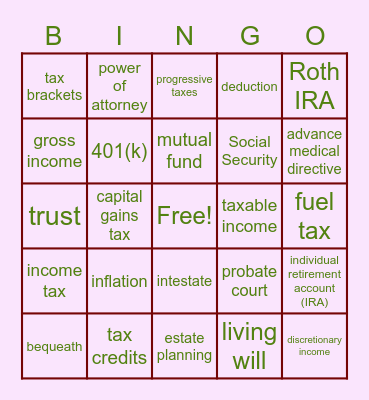 NAF Lesson 18-20 Bingo Card