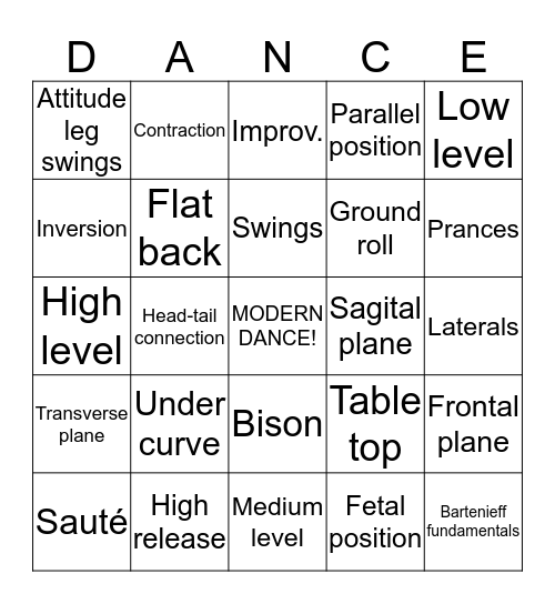 DANCE Bingo Card