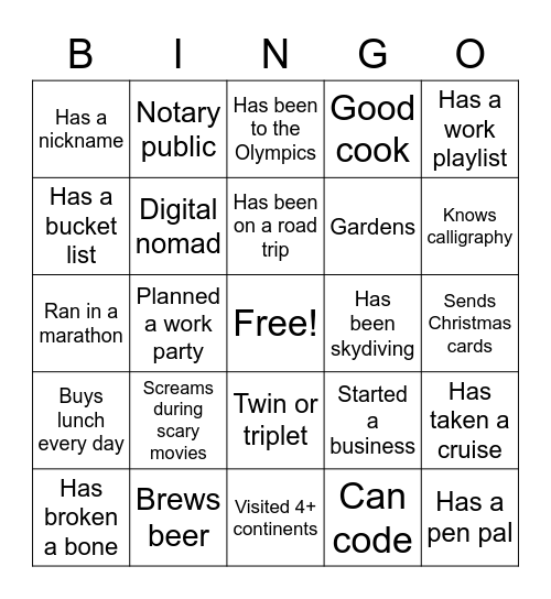 Women's Bingo Card