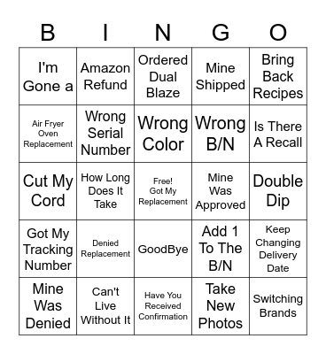 Cosori Recall Bingo Card