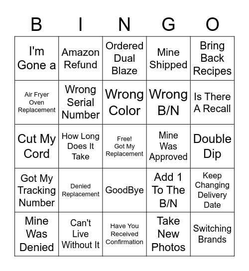 Cosori Recall Bingo Card