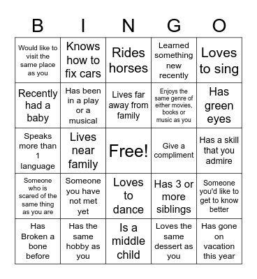 Mix and Mingle Bingo Card