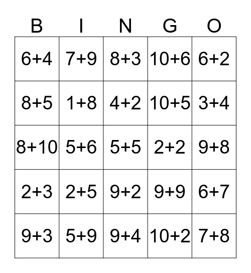 Addition Bingo Card