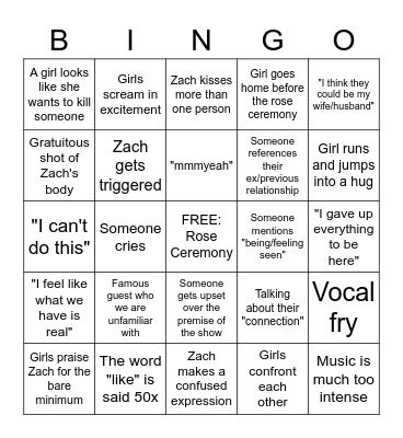 Bachelor Bingo Card