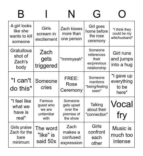 Bachelor Bingo Card