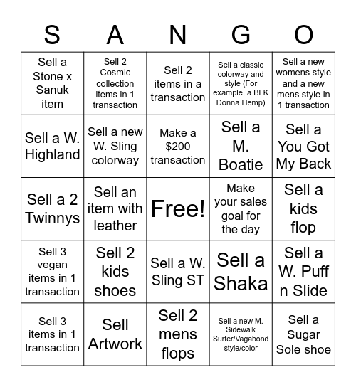 Sanuk Bingo Card