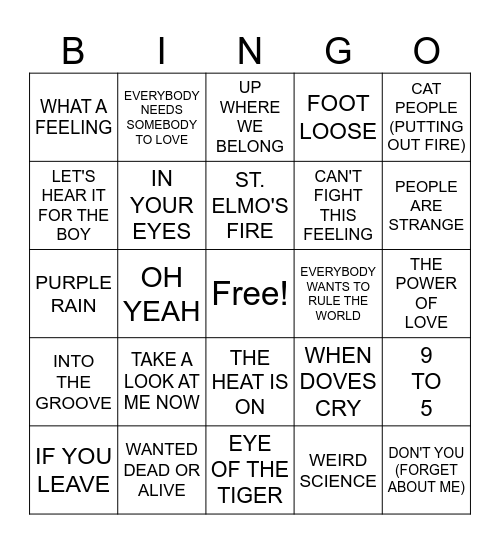 80's MOVIE SOUNDTRACKS Bingo Card