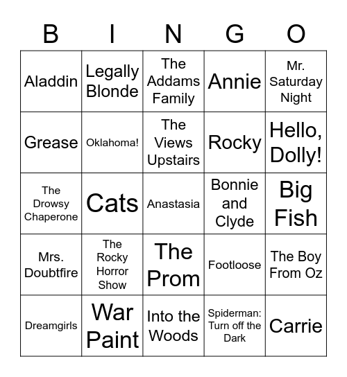 Musical Broadways #2 Bingo Card