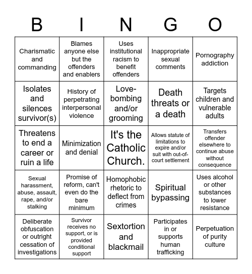 The Catholic Church Playbook! Bingo Card