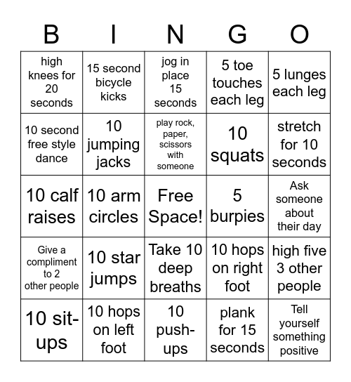 Fitness/SEL Bingo Card