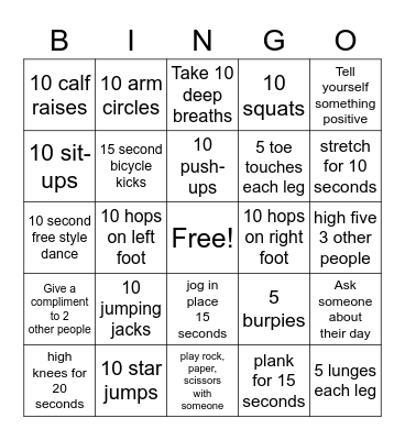 Fitness/SEL Bingo Card