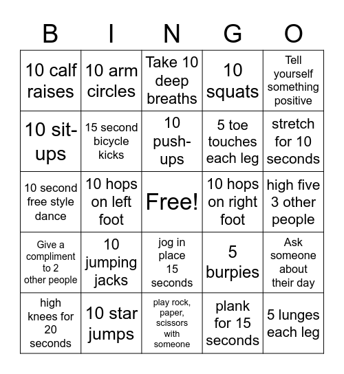 Fitness/SEL Bingo Card