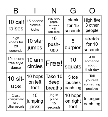 Fitness/SEL Bingo Card