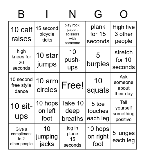 Fitness/SEL Bingo Card