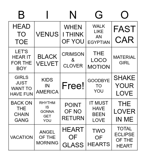 1/15- 80's LADIES Bingo Card