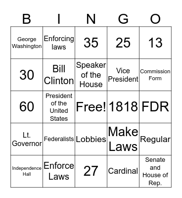 Constitution Final Review Bingo Game Bingo Card