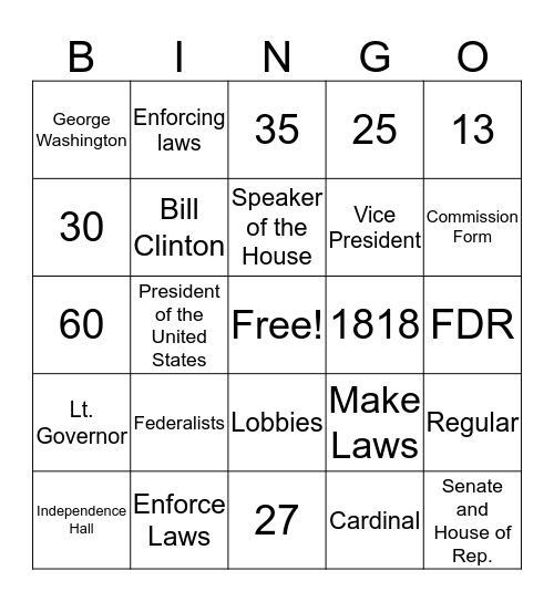 Constitution Final Review Bingo Game Bingo Card