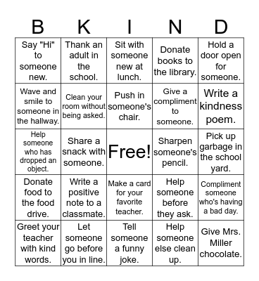 Random Acts of Kindness Bingo Card
