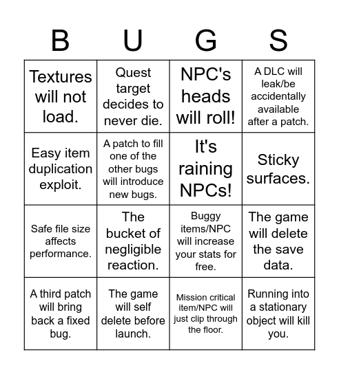 Bethesda Bugs Bingo Card