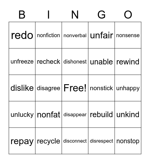 Prefixes Bingo Card