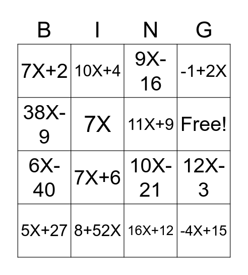 Simplifying Linear Expressions Bingo Card