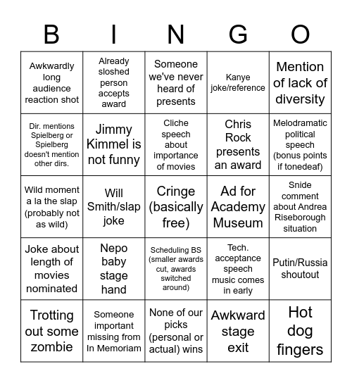 Oscars 2023 Bingo Card