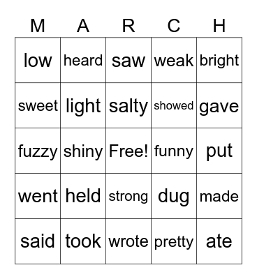 2nd Grade Vocab Bingo Card