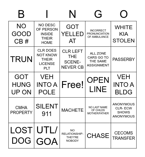 Dispatcher/Call Taker BINGO Card