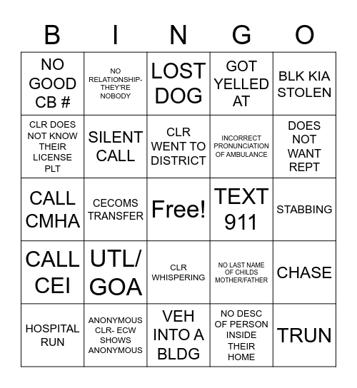Dispatcher/Call Taker BINGO Card