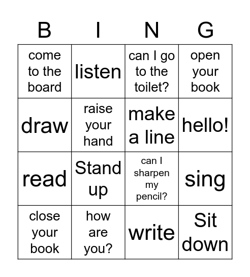 Classroom Langauge Bingo Card