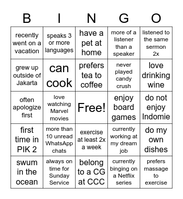 CCC Singles' Outing 12/03/22 Bingo Card