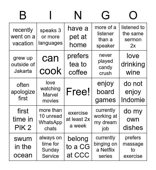 CCC Singles' Outing 12/03/22 Bingo Card