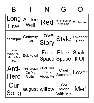 Era’s Tour Setlist Bingo Card