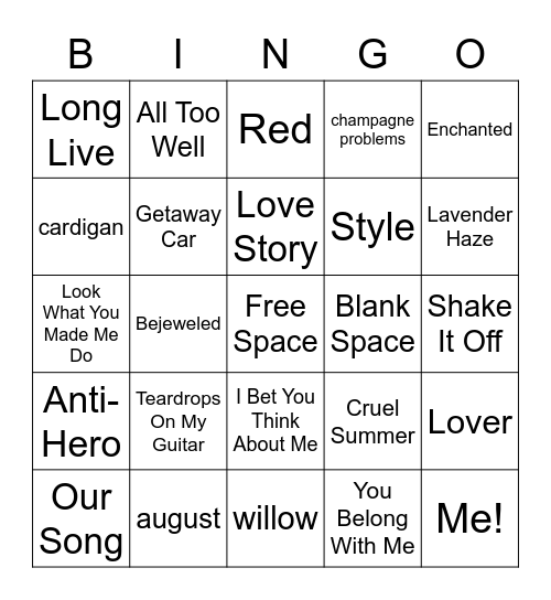 Era’s Tour Setlist Bingo Card