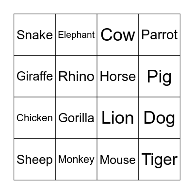 Animal Bingo Card