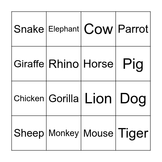 Animal Bingo Card