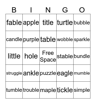 Froggy Fable/Final Syllable 'le Bingo Card